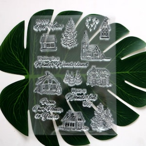 Winter Theme Stamp Set: Snowflakes, Houses, Forest Card Making Scrapbooking