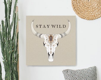 Boho Bison Animal Skull Stay Wild Typographical Illustration motto quote wall art