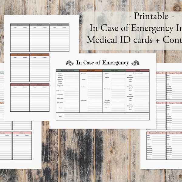 Editable In Case of Emergency Printable info sheet/template, Medical ID card sheet and Contacts sheet downloadable PDF Bundle