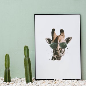 Retro Giraffe Wearing Sunglasses Watercolour and Ink Illustration Print