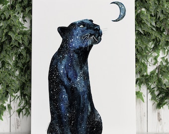 May include: A black panther with a starry night sky pattern is looking up at a crescent moon. The panther is painted in watercolor on a white background.