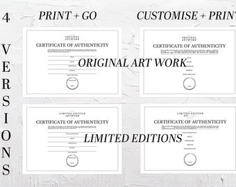 Certificate of Authenticity, Original art + limited editions, Professional Editable Printable Template, Instant Download. Modern Minimalist