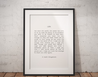Cytat z książki For What It's Worth Life autorstwa F. Scotta Fitzgeralda Giclée Great Gatsby Art Print