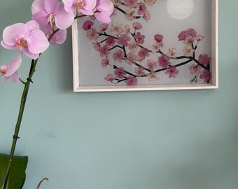 Hand painted Wall Decor with Dried Cherry Blossoms
