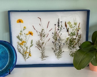 Handmade Navy & White Tray w/ Preserved Dried Botanicals
