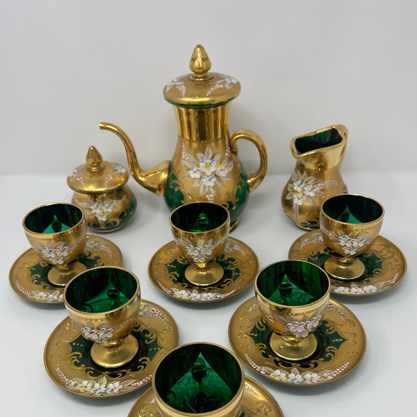 MURANO Glass Tea Coffee set. 24K Gold. 6 Cups and 6 plates, Creamer, Pitcher and Candy Jar. Emerald Green. Venetian Hand Painted. 24 Karat