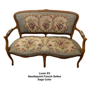 Louis XV French Sofa - Sage Color - Needlepoint - Carved Wood - French Provincial - Antique Settee - Living Room Sofa - Bedroom Sofa