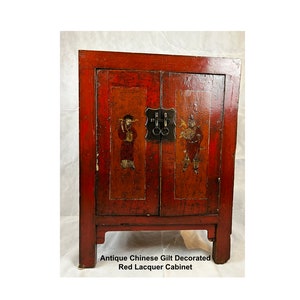 Antique Red Side Table - Lacquered table - Antique Chinese Gilt Decorated Red Lacquer Cabinet. Red Traditional Nightstand