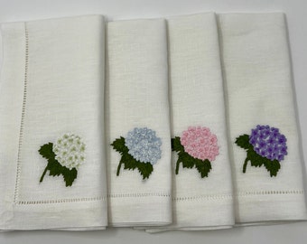 White Linen Hydrangeas Hand Embroidered Napkins - White,  Light Blue, Pink and Purple Options WEDDING NAPKINS
