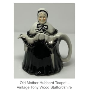 Old Mother Hubbard Teapot - Vintage Tony Wood Staffordshire - RARE Black & White Old Mother Hubbard Teapot