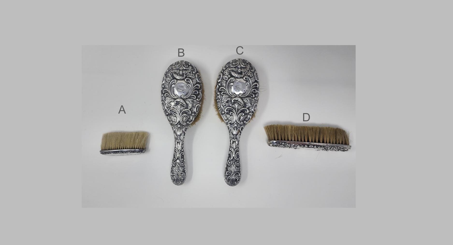 Antique Sterling Silver Hair & Shoe Brushes Edwardian Horse Hair