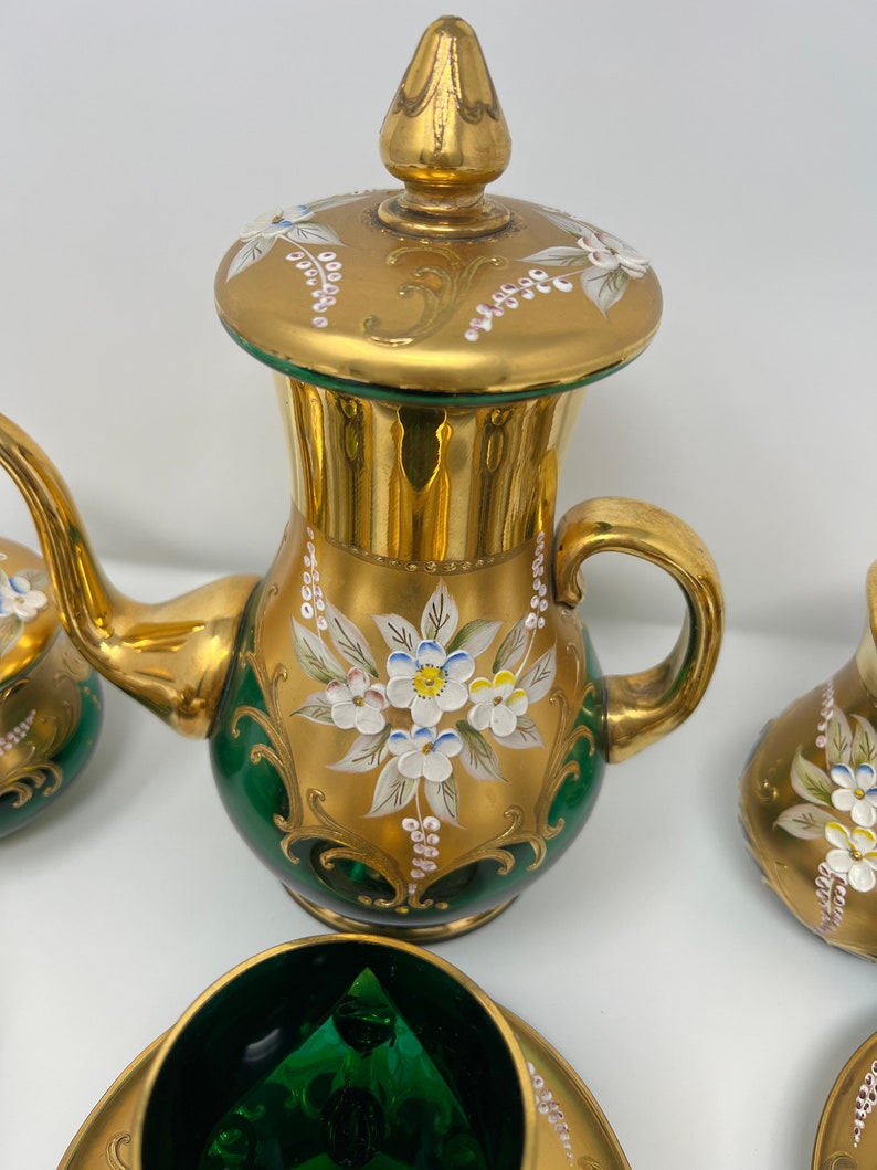 MURANO Glass Tea Coffee Set. 24K Gold. 6 Cups and 6 Plates, Creamer