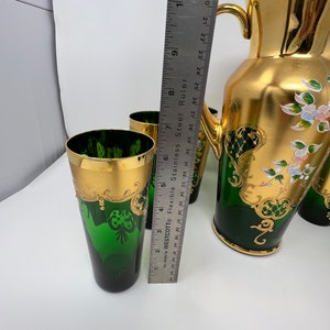 Pichet Et 3 Verres à Cocktail Maritini – Verre Givré Vert Et Or 22 Carats, Vintage