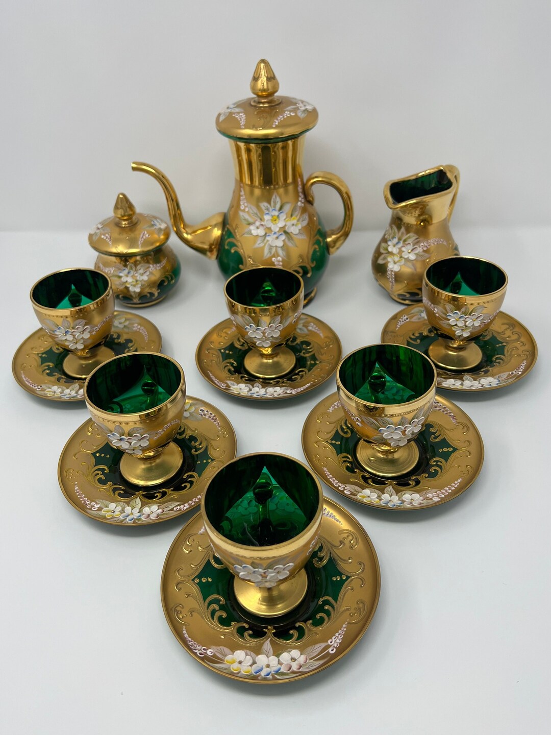 MURANO Glass Tea Coffee Set. 24K Gold. 6 Cups and 6 Plates, Creamer