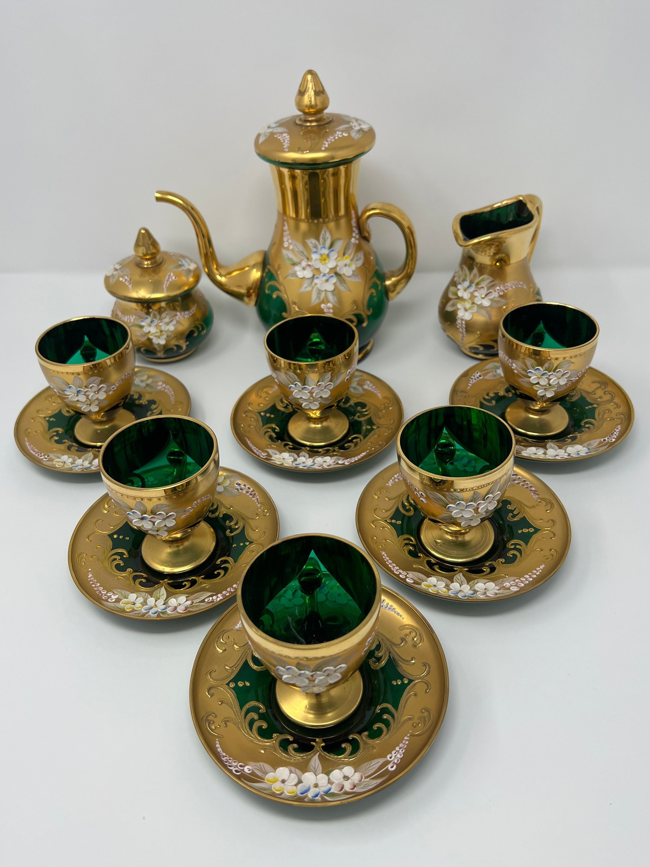 MURANO Glass Tea Coffee Set. 24K Gold. 6 Cups and 6 Plates, Creamer