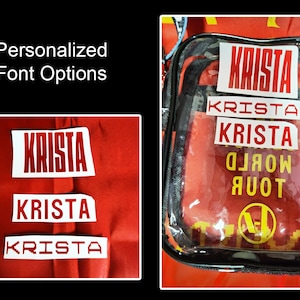 以下が含まれることがあります： 赤い背景に「KRISTA」という名前の3つの異なるフォントオプションが表示されています。名前は赤で、背景は白です。最初のフォントは太字のサンセリフフォントです。2番目のフォントは、より伝統的なセリフフォントです。3番目のフォントは、より現代的なサンセリフフォントです。