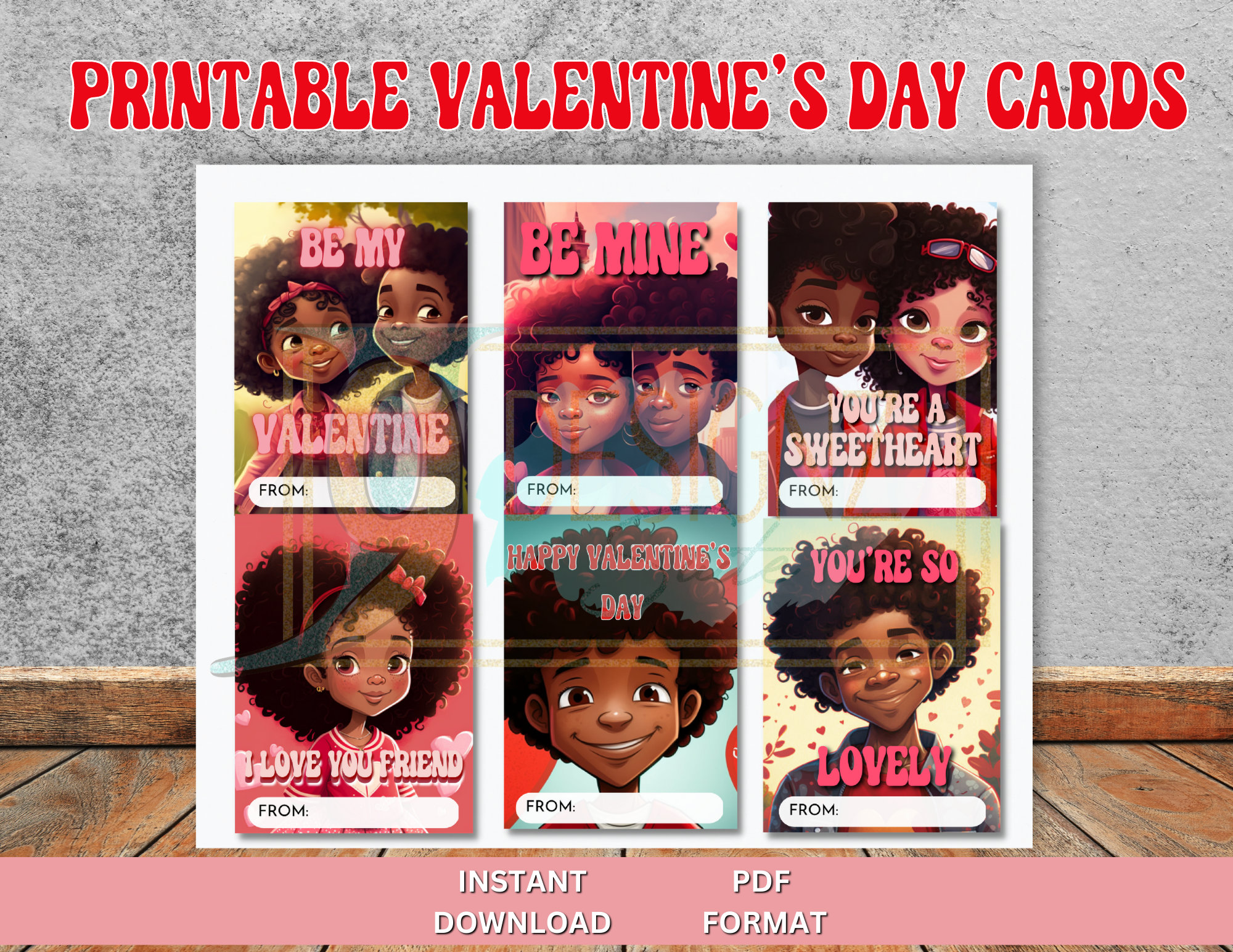 African American Kids Printable Valentine’s Day Card Digital Download