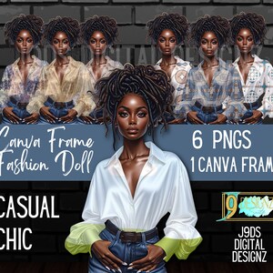 Könnte beinhalten: Eine digitale Illustration von sechs Modepuppen in lässig-schicken Outfits. Die Puppen haben dunkle Haut, braune Augen und langes, dunkles Haar. Sie tragen verschiedene blau-weiß gemusterte Hemden, blaue Jeans und weiße Turnschuhe. Das Bild enthält den Text "Canva Frame Fashion Doll Casual Chic 6 PNGS 1 CANVA FRAME J9DS DIGITAL DESIGNZ".