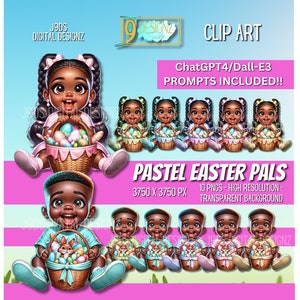 Pacote de clipart AfroGirls e AfroBoys | Adesivo de Páscoa PNG | Fundo transparente | Adesivo digital | Adesivo Goodnotes | Prompt Dall-E3