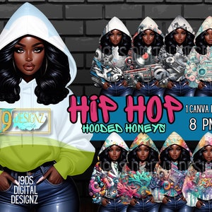 Puede incluir: Descarga digital de ocho figuras con capucha de temática hip hop con diseños de graffiti. Las figuras son todas mujeres de piel oscura y cabello negro largo. El texto "Hip Hop Hooded Honeys" está en el centro de la imagen.
