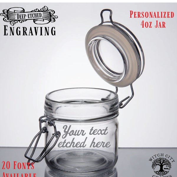 Personalized Etched 4oz Airtight Glass Jar - Unique Deep Etched Designs