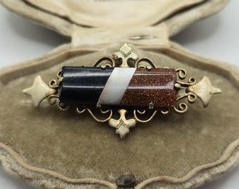 Antique Goldstone & Agate Gilt Brooch