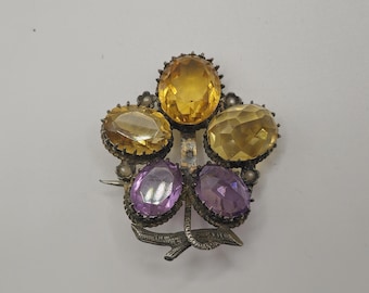 Antique Victorian Silver Amethyst & Citrine Seed pearl Pansy Brooch