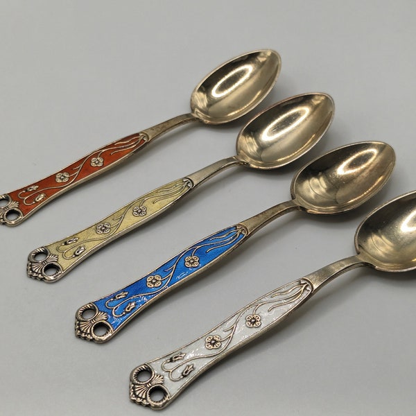 Aksel Holmsen Sterling Silver 925s Guilloche Enamel Demitasse Spoons