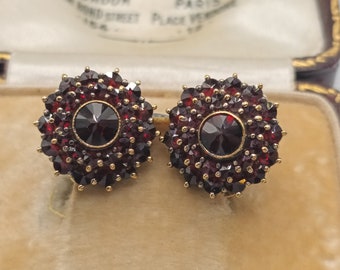 Antique Gilt Silver Bohemian Garnet Cluster Clip On Earrings