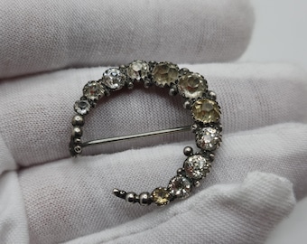 Antique Sterling Silver & Paste Crescent Moon Brooch