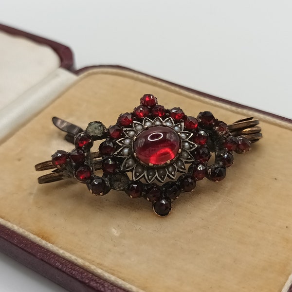 Antique Victorian Gilt Silver Bohemian Garnet & Seed Pearl Brooch " Some stones missing "