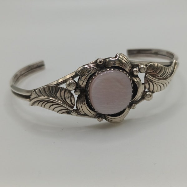 vintage 1960's Native American Pink Mother of Pearl Sterling Silver Leaf Cuff Bangle