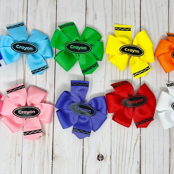 Back to school hair bow, first day of school, crayon hair bow, pinwheel bow, crayola hair bow, red pinwheel,pinwheel on clip