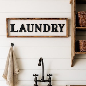 Handmade signs, Laundry Sign, Rustic Farmhouse Decor, 3D Raised Laser Letter, Simple Lettered Word Sign, Wash Dry Fold, Framed Wood Sign