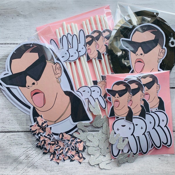 Bad Bunny Party pack| Bad Bunny Party supplies | Bad Bunny Party | Bad bunny cupcake topper | Bad Bunny Decoration | Reggeaton Party |