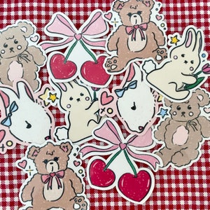 coquette vinyl stickers | teddy bear, cherry hearts, bunny, rabbit