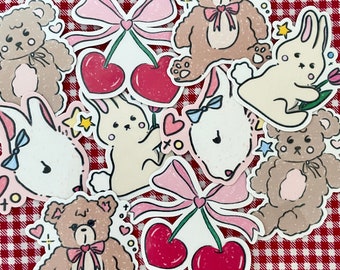 coquette vinyl stickers | teddy bear, cherry hearts, bunny, rabbit