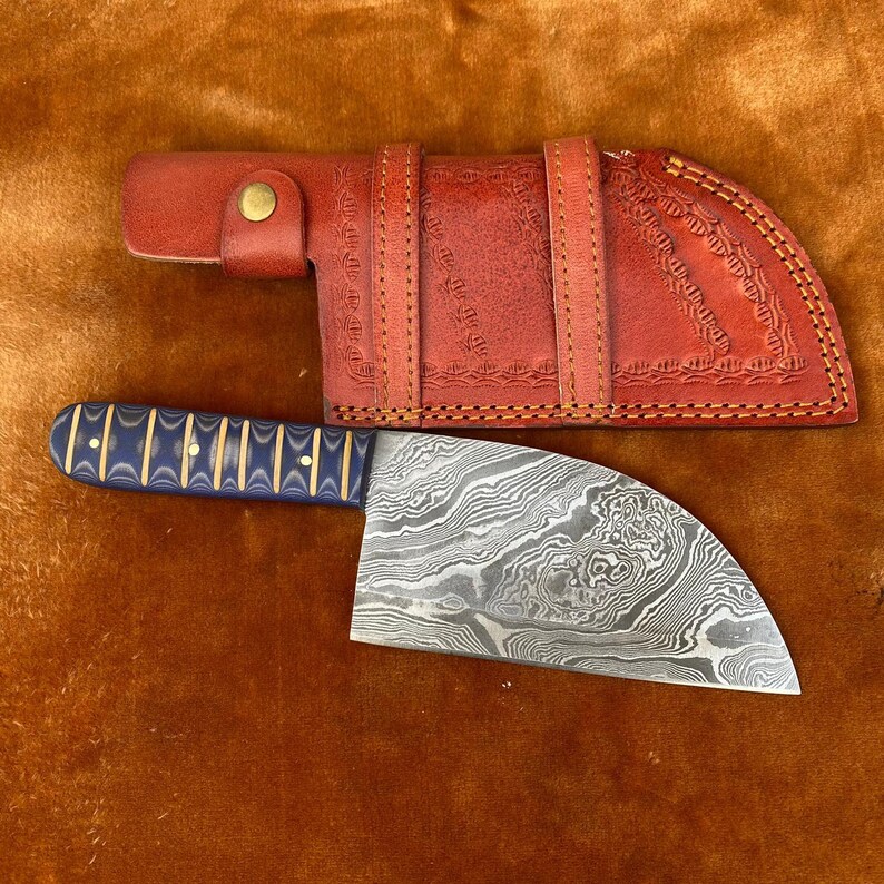Sybeiran Handmade Damascus Round Cleaver With Leather Sheath Etsy