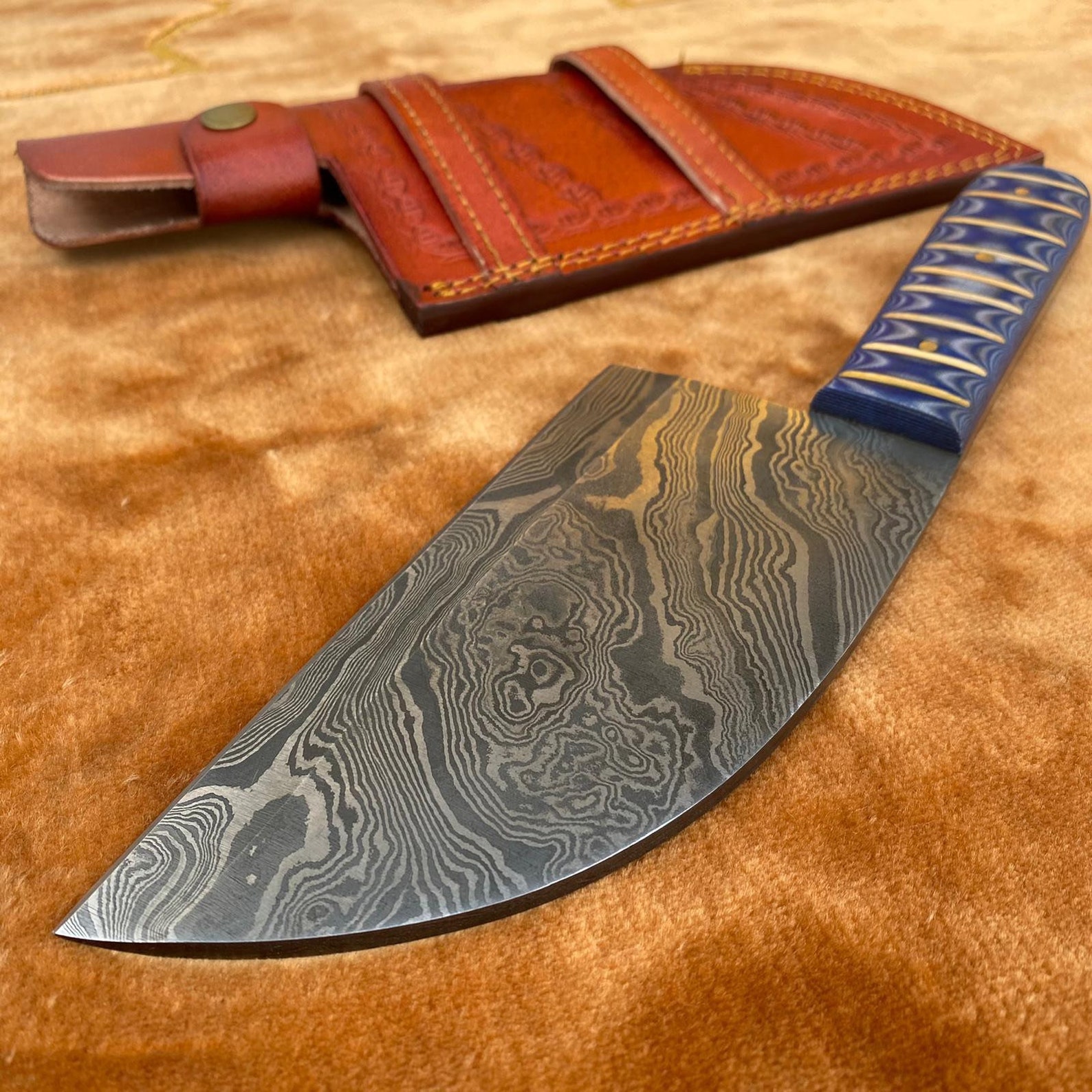 Sybeiran Handmade Damascus Round Cleaver With Leather Sheath Etsy