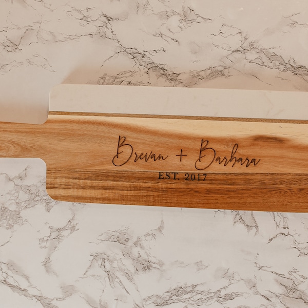 Wood and Marble Charcuterie board personalized serving/cutting board with handle