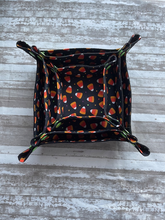 Handmade Fold Up Fabric Snap Tray, Candy Corn Print, Stitching Organizer, Key Catchall