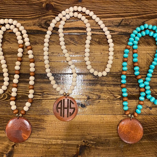Monogrammed Wood Necklace | Gift for Her | Engraved | Beaded Necklace | Multiple Color Options