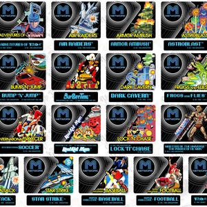May include: A collection of nineteen rectangular M Network video game labels featuring colorful illustrations and titles including Adventures of Tron, Air Raiders, Armor Ambush, Astroblast, Bump 'n Jump, BurgerTime, Dark Cavern, Frogs and Flies, International Soccer, Kool-Aid Man, Lock 'n Chase, Masters of the Universe, Space Attack, Star Strike, Super Challenge Baseball, Super Challenge Football, and Tron Deadly Discs.