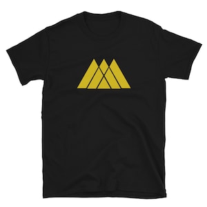May include: Black t-shirt with a gold triangle logo. The logo is made up of three overlapping triangles.
