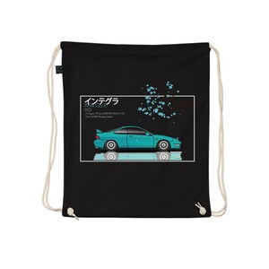 May include: Black drawstring bag with a white graphic of a blue Honda Civic with the text "Integra Type R DC2 1.7L Engine 170ps 202 Nm (149 lb-ft) @ 7100 Color: B22P Premium Green" in white.