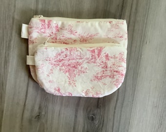 pouch sizes small and large, toile pouch, toile du jouy, zipper pouch, handmade, stocking stuffer, sustainable, vintage fabric, gift for her