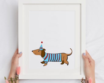 Hot Dog, Sausage Dog, Kids, Printable Wall Art, NZ, Nursery Decor, Puppy, Children's bedroom Poster, Cute,Animal, Colour, Instant Download
