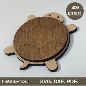 Posavasos de tortuga SVG: archivo cortado con láser de un lindo posavasos de madera con forma de tortuga. Plantilla de posavasos de animales para diseños de posavasos Glowforge.