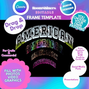 Aangepaste invulbare canvas framesjabloon AMERIKAANSE tekst plus bonusframes voor ambachten, commercieel gebruik, doe-het-zelf, tshirt mokken draagtassen hoeden POD Clipart