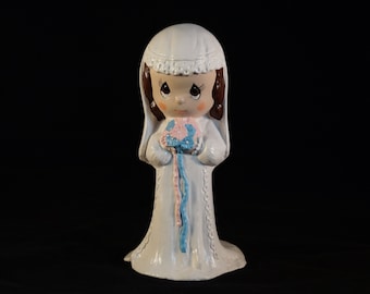 Vintage Adorable Ceramic Blushing Bride Statue with Long White Dress and Bouquet In Pink And Blue, Wedding